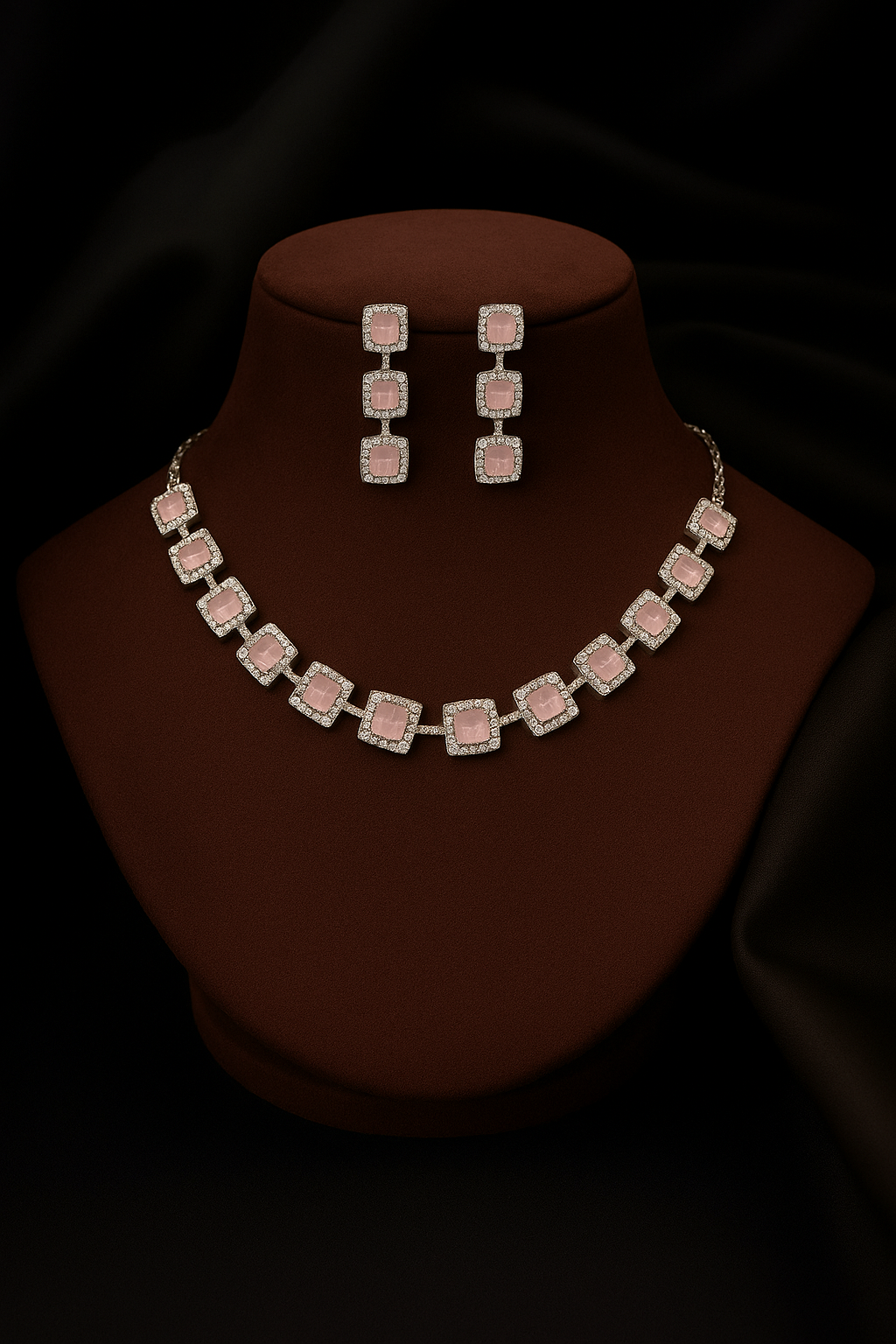 Charming Pink Square Stone Necklace Set with Earrings | Yovia Jewels